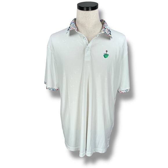 Swannies Polo Shirt Mens XL White Birds AOP Short Sleeve Golf Course Logo Floral - Picture 1 of 12